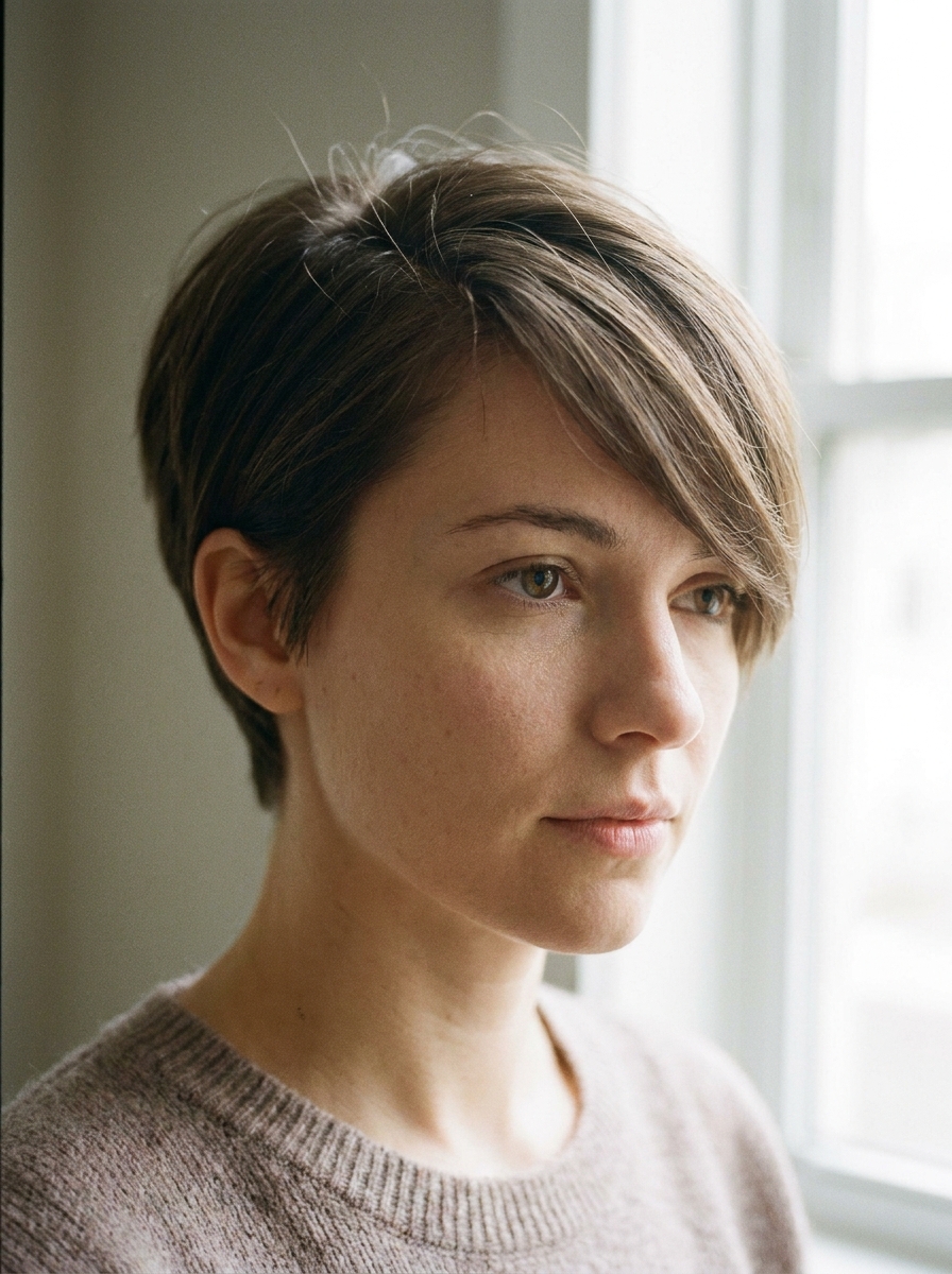 Pixie mit langem Seitenpony als Kurzhaarfrisuren für feines Haar Inspiration 2026